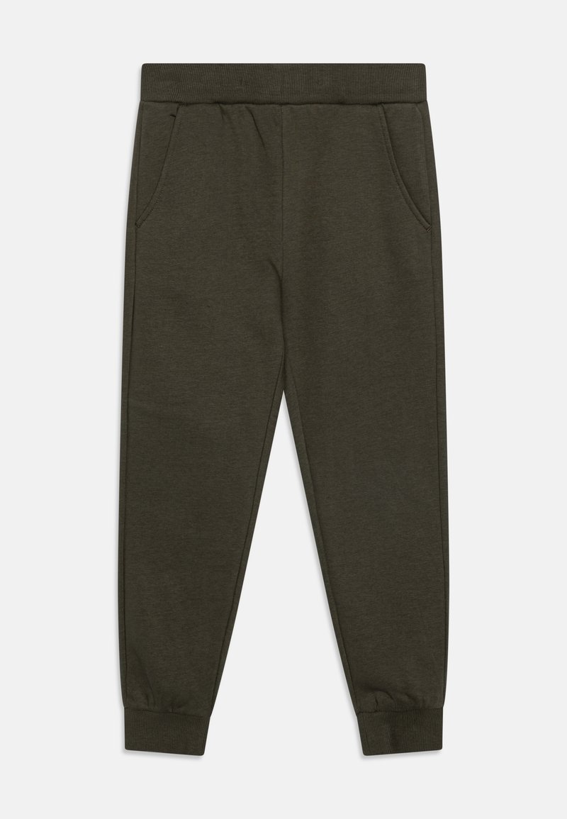Mørkegrønne sweatpants lavet af blødt stof, med en snor i taljen, sidelommer og ribbede manchetter ved anklerne.