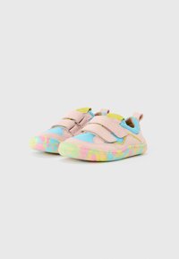 Velcro-closed shoes with a pink suede upper, mesh blue panels, and a colorful tie-dye sole in pastel shades. Lightweight and flexible design.