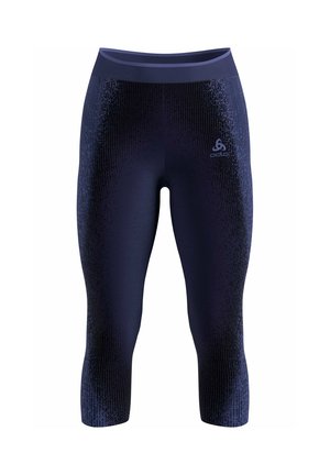 Navy blue capri leggings made of stretchy fabric featuring a textured gradient pattern and a narrow waistband, with a small logo on the thigh.