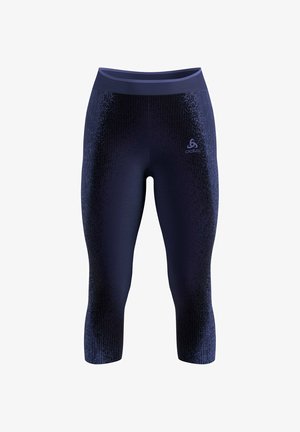 Marineblaue Capri-Leggings aus dehnbarem Stoff mit einem strukturierten Verlaufsmuster und einem schmalen Bund, mit einem kleinen Logo am Oberschenkel.