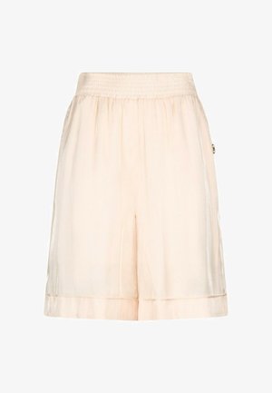 Shorts in satin beige chiaro con vita elasticizzata e tasche laterali discrete, caratterizzati da una texture liscia e leggermente lucida.