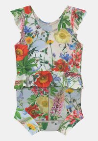 Fato de banho com estampa floral e mangas com babados, apresenta cores vibrantes (vermelho, amarelo, azul, verde), feito de material elástico e tem um design com peplum.