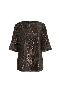 Top nero rivestito di pailettes dorate, con scollatura rotonda e maniche a tre quarti ampie, dalla vestibilità morbida e texture liscia.