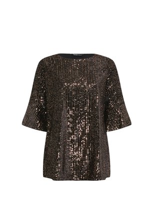 Top negro cubierto de lentejuelas doradas, con un escote redondo y mangas anchas de tres cuartos, con un corte relajado y una textura suave.