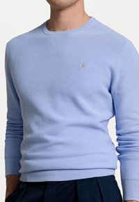 Světle modrý pletený svetr s kulatým výstřihem, dlouhými rukávy, žebrovanými manžetami a jemným logem na levé straně hrudi.