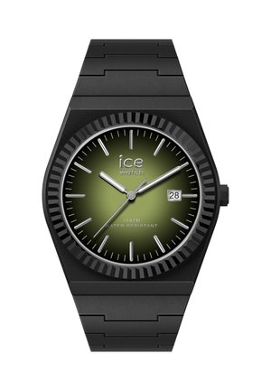 Čierne kovové náramkové hodinky so zeleným gradientným ciferníkom, striebornými hodinovými indexmi, zobrazením dátumu na 3. hodine a logom „ice watch“ na ciferníku.