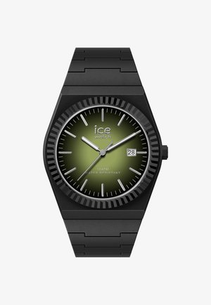 Crni metalni ručni sat sa zelenim gradijentnim brojčanikom, srebrnim satnim markerima, prikazom datuma na 3 sata i natpisom "ice watch" na brojčaniku.