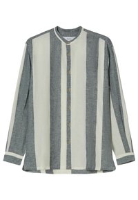 Langarm blouse met afwisselend grijze en crème strepen, gemaakt van een gestructureerde stof met een bandkraag en knoopsluiting aan de voorkant.