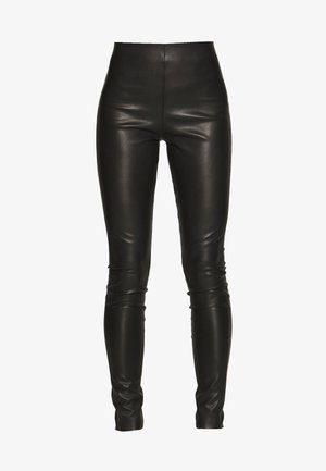 Schwarze Lederleggings mit hoher Taille, schlankem Schnitt, glatter Textur und ohne sichtbare Nähte oder Hardwaredetails.