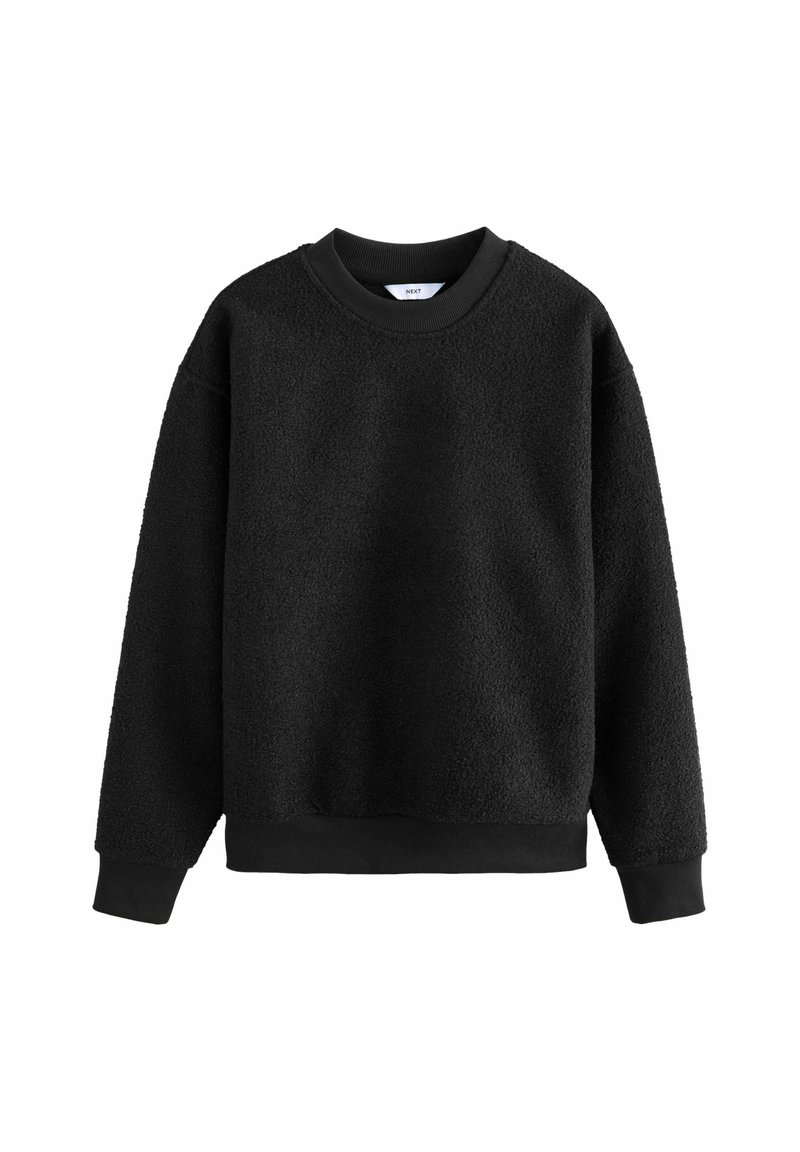 Sort fleece sweatshirt med en tekstureret overflade, rund halsudskæring og ribbede manchetter og forneden. Har en afslappet pasform og ingen synlige logoer.
