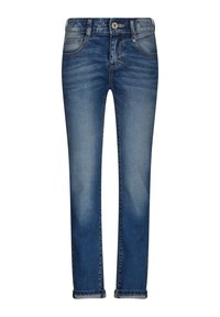 Jeans in denim blu con design a gamba dritta. Presentano un bottone di chiusura, cinque tasche, sbiadimento sottile e orli arrotolati per un tocco di stile.