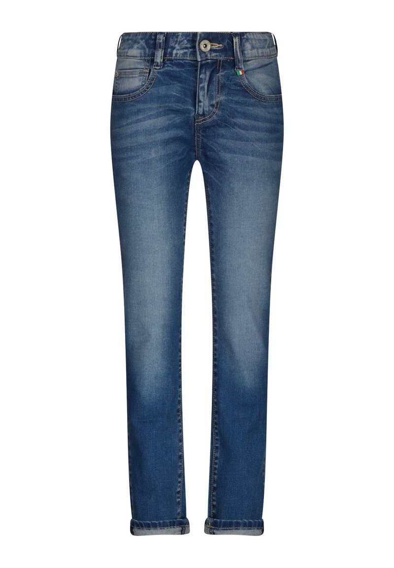 Jeans in denim blu con design a gamba dritta. Presentano un bottone di chiusura, cinque tasche, sbiadimento sottile e orli arrotolati per un tocco di stile.