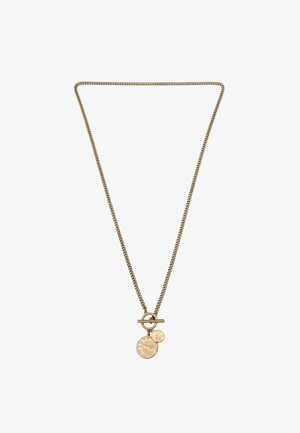 Collier en chaîne d'or avec un fermoir à bascule et deux pendentifs ronds en or martelé, l'un plus grand et l'autre plus petit, suspendus côte à côte.