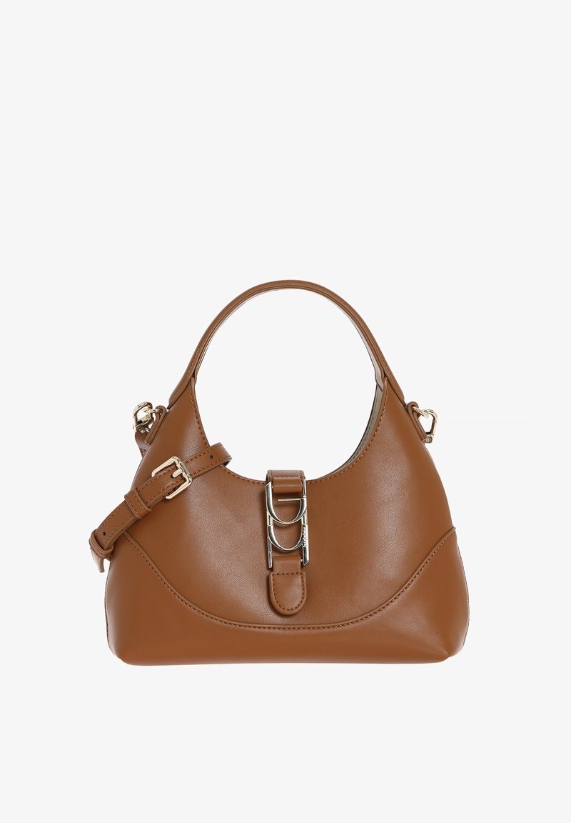 Borsa a mano in pelle marrone con forma curva, manico corto e tracolla removibile. Presenta una fibbia metallica decorativa e una texture liscia.