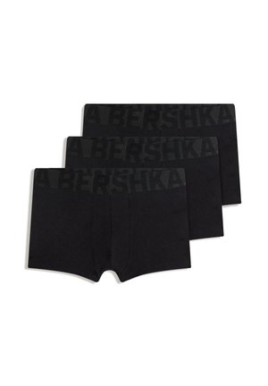Tre boxer da uomo neri impilati, ciascuno con una cintura elastica brandizzata con la scritta "BERSHKA" in lettere scure.