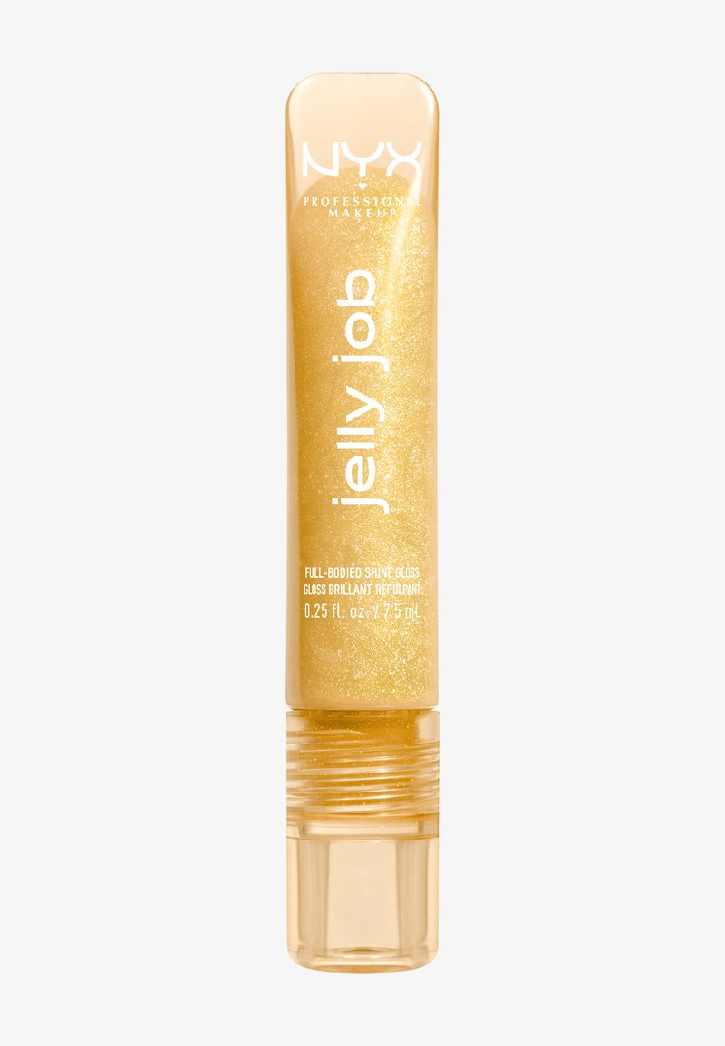 Tube transparent de gloss à lèvres NYX Professional Makeup Jelly Job à brillance dorée intense, 7,5 ml, avec des particules scintillantes à l'intérieur.
