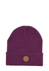 Gorro de punto morado con un dobladillo y una etiqueta cuadrada que presenta el logotipo "SANTA CRUZ" en rojo y amarillo. Textura suave, material ligero.