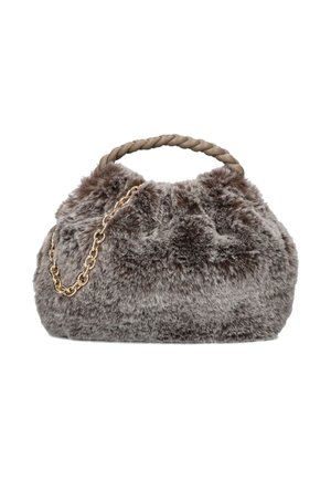 Gray faux fur handbag with a braided handle and gold chain accent. Rounded shape, soft texture, and gathered top design.