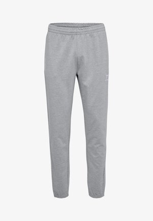 Graue Sweatpants mit elastischem Bund, schmal zulaufenden Beinen und einem kleinen gedruckten Logo an der Seite. Hergestellt aus weichem Baumwollmischgewebe.