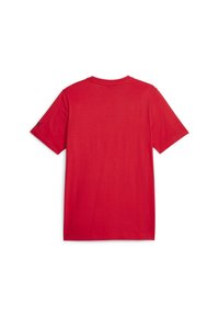 Czerwony t-shirt z krótkim rękawem, wykonany z miękkiego materiału, z okrągłym dekoltem i małym czarnym logo na lewym rękawie.