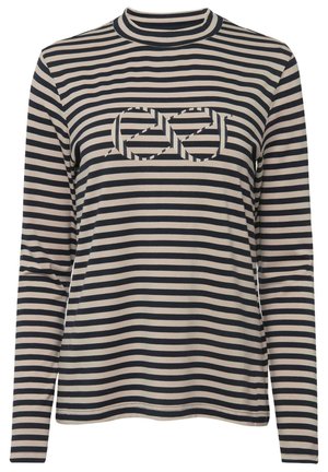 Camicia a maniche lunghe a righe crema e blu navy; presenta un collo rotondo, tessuto elastico e un dettaglio con logo decorativo sul davanti.