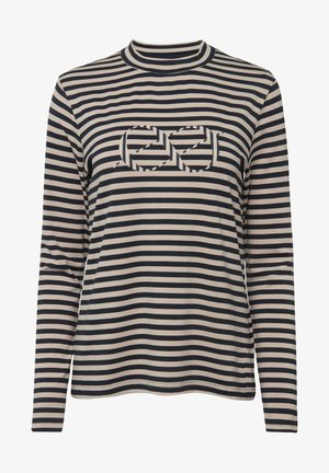 Camicia a maniche lunghe a righe crema e blu navy; presenta un collo rotondo, tessuto elastico e un dettaglio con logo decorativo sul davanti.