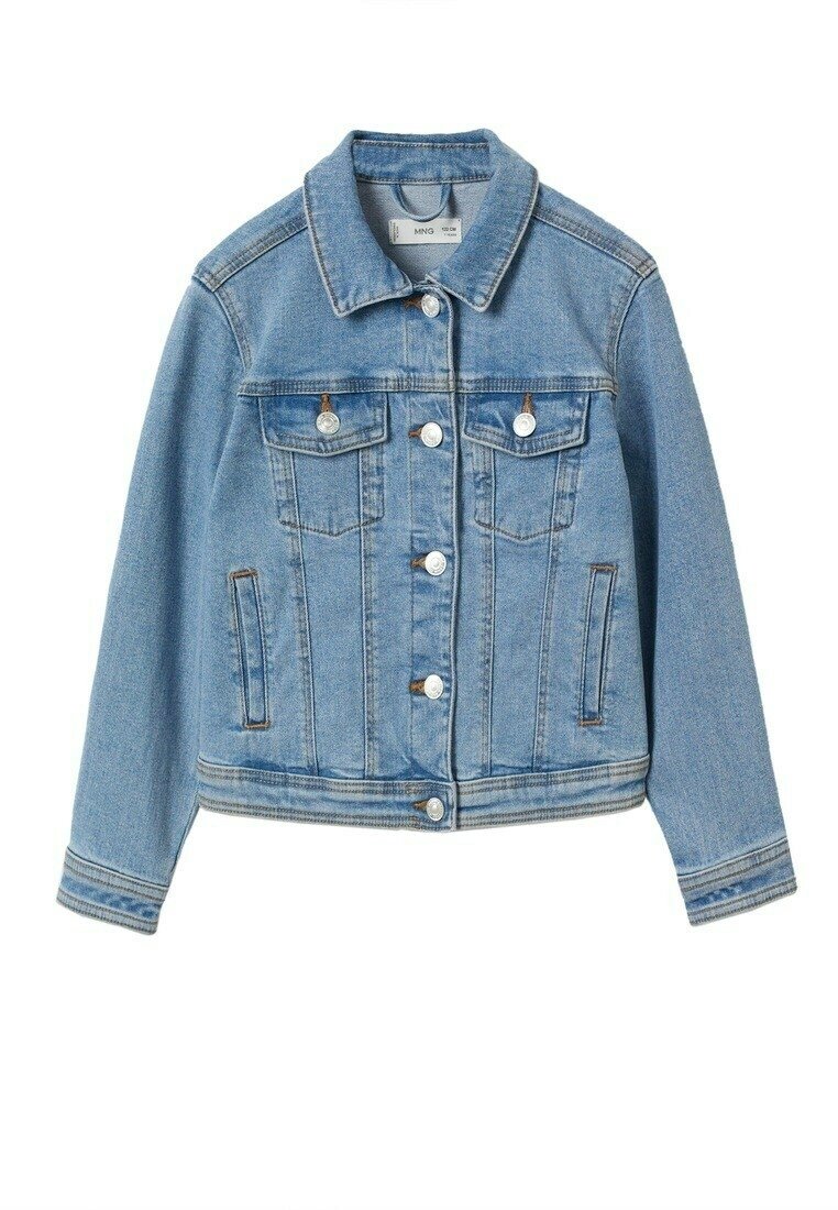 Veste en denim bleu clair avec un col, poches avant, fermeture à boutons et tissu texturé. Présente des détails de couture.