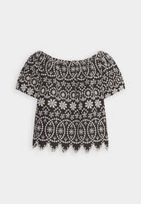 Schwarzes Off-Shoulder-Top mit weißer Blumenstickerei, gepufften Ärmeln und gewelltem Saum. Hergestellt aus leichtem Stoff.