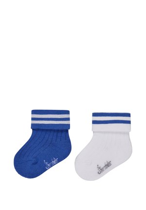 Pair of ribbed baby socks, one royal blue and one white, each with two horizontal stripes on the cuff and a small logo near the toe.