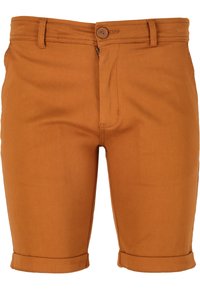 Braune Baumwollshorts mit Reißverschluss und Knopfverschluss. Mit aufgerollten Säumen und glatter Textur. Gerader Schnitt, geeignet für legere Anlässe.