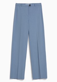Light blue, wide-leg trousers with a smooth texture, single button closure, and pressed creases down the front.