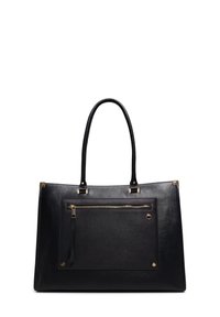 Borsa tote nera realizzata in materiale testurizzato, dotata di due manici lunghi, una tasca frontale con zip e dettagli hardware in tonalità dorata.