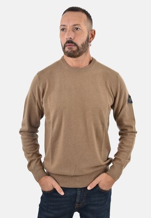 Maglione marrone a maglia con collo rotondo, polsini e orlo a coste. Presenta una finitura testurizzata e un'etichetta logo nera sulla manica sinistra.