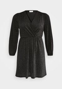 Μαύρο φόρεμα με V-λαιμόκοψη και μακριά φουσκωτά μανίκια. Κατασκευασμένο από υλικό που λάμπει, με σχέδιο τύπου περιτυλίγματος και κανονική μέση.