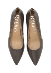 Brązowe skórzane szpilki w kształcie szpiczastego noska o gładkiej fakturze. Wnętrze wyłożone beżowym materiałem, z metalicznym logo marki na wkładkach.