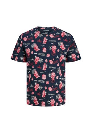 Short-sleeve navy t-shirt featuring red and white Christmas-themed prints, including Santa Claus, gifts, and holiday text in various designs.