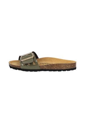Infradito con una fascia in vernice verde, fibbia nera, soletta in sughero e suola in gomma. Presenta una punta aperta e un design piatto.