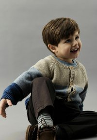 Pleteni cardigan v bež, modrih in temno modrih črtah, s gumbi. Nesen na svetlo modri srajci. Rjave hlače in čevlji v stilu mokasin.
