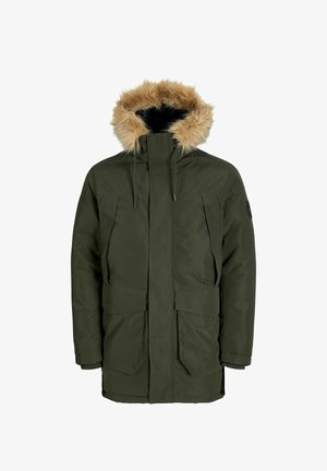 Parka verte avec capuche en fourrure, dotée de deux poches avant et d'une fermeture éclair ; fabriquée en tissu résistant à l'eau.