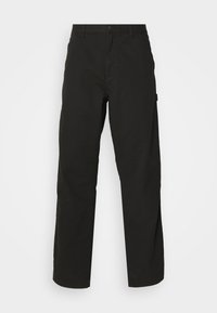 Pantalones negros de algodón con diseño de pierna recta, que cuentan con cierre de botón y bolsillos laterales. Textura suave con un detalle mínimo.