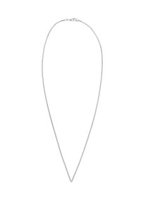 Sølvfarvet kædehalssmykke med en tynd, glat tekstur. Har en simpel lås og et V-formet design, der danner en elegant silhuet.