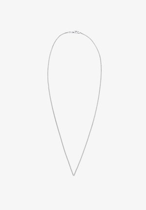 Kette aus silberfarbenem Metall mit einer dünnen, glatten Textur. Verfügt über einen einfachen Verschluss und ein V-förmiges Design, das eine schlichte Silhouette schafft.