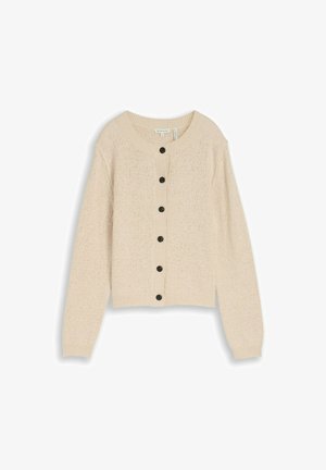 Beige Strickjacke mit langen Ärmeln und sechs schwarzen Knöpfen entlang der Vorderseite, mit rundem Ausschnitt sowie gerippten Bündchen und Saum.