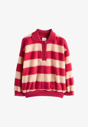 Langärmeliger Fleecepullover mit roten und cremefarbenen horizontalen Streifen, rotem geripptem Kragen, Bündchen, Saum und einer dreiknöpfigen Knopfleiste.