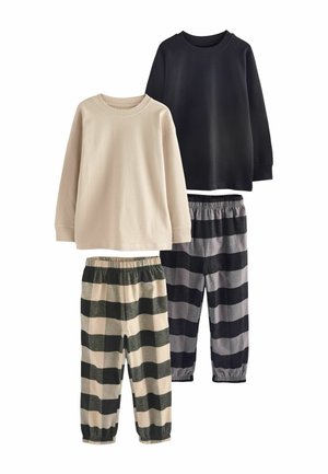 Tre-dels set som inkluderar en beige texturerad långärmad skjorta, en svart långärmad skjorta och två par randiga byxor med elastisk midja i mörka färger.