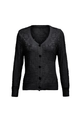 Cardigan negru tricotat cu decolteu în V, închidere cu nasturi și mâneci lungi. Prezintă un model texturat și manșete și margine ondulată.