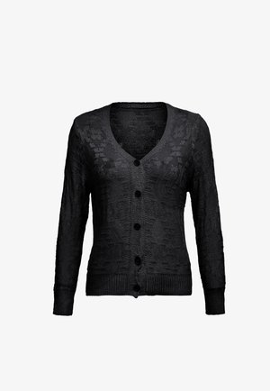 Zwarte gebreide cardigan met een V-hals, knoopsluiting en lange mouwen. Bevat een gestructureerd patroon en ribbels aan de manchetten en onderrand.