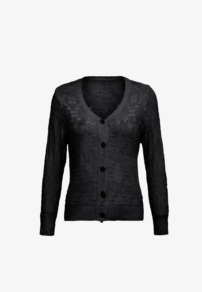 Czarny dzianinowy kardigan z dekoltem w serek, zapięciem na guziki i długimi rękawami. Posiada teksturowany wzór oraz ściągacze na mankietach i dolnym brzegu.