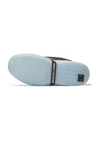 Black sneaker outsole with light blue rubber, featuring a textured surface and a black DC Shoes logo on the heel strap.