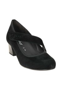 Chaussure Mary Jane en daim noir avec un petit talon carré et une sangle traversant le dessus, inclinée pour montrer le côté intérieur et la semelle.